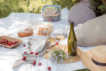 Aesthetic picnic outdoors with wine glasses bread berries and flowers. Rustic picnic with neutral tones colours. 