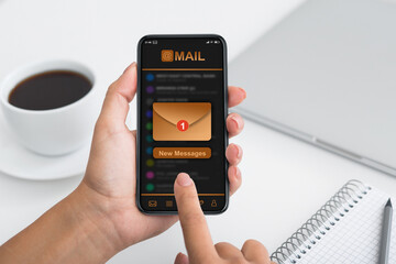 Poster - Unrecognizable Female Opening New Inbox Email Message On Smartphone, Touching Screen