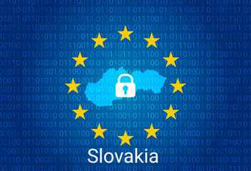 Sticker - Map of Slovakia, with lock and binary code background. europe union internet blocking, virus attack, privacy protect. vector