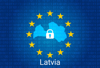 Sticker - Map of Latvia, with lock and binary code background. europe union internet blocking, virus attack, privacy protect. vector