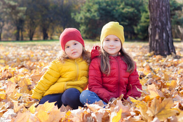 Two cute little happy girls sisters having fun on walk in the park on sunny autumn day. Children play and laugh in yellow leaves. Family active fall weekend with kids