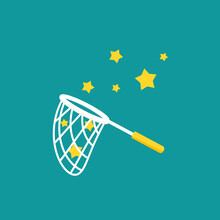Butterfly Net With Stars. Catch, Hunt, Chase Symbol. Achieve Goals Or Dreams Concept.