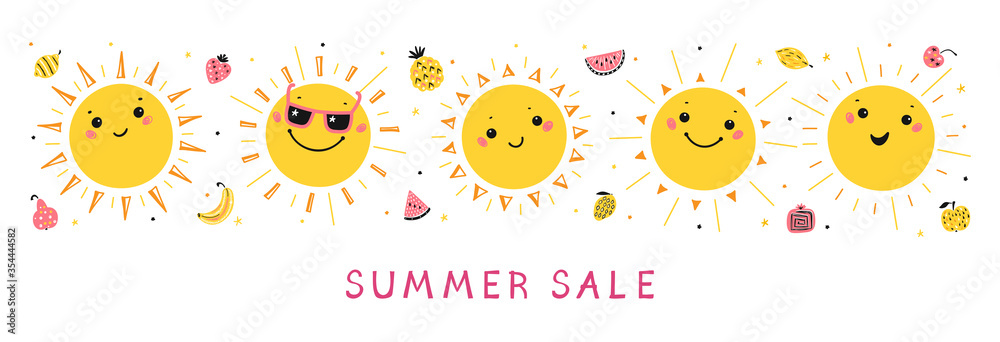 Colorful Summer Sale Banner with Cartoon Doodle Funny Cute Suns and Fruits. Vector Happy Kawaii Sun Characters Set. Summer Collection Stock Vector | Adobe Stock