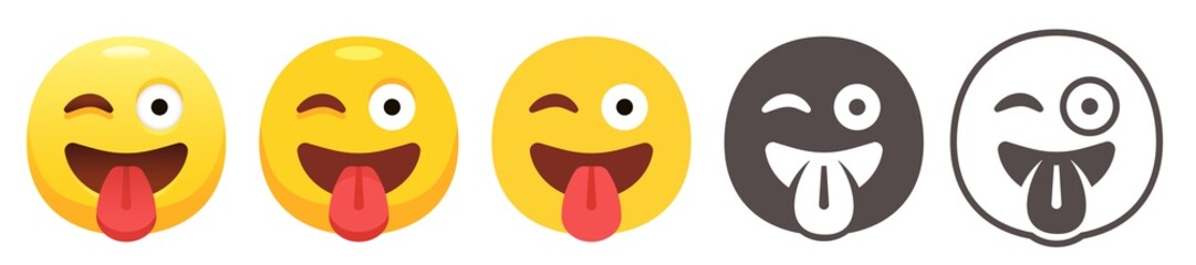 Wall Mural - Winking emoji with tongue. Crazy yellow face with zany wink, sticking tongue out, right eye closed and left wide open. Funny emoticon flat vector icon set