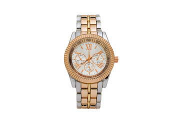 Wall Mural - Two tone orange and silver colored chronograph wristwatch with metal oyster bracelet and white dial face with small dials, isolated on white background.