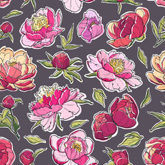 Wall Mural - Peony flowers seamless pattern on white backgrounds. Colorful vector hand drawn illustration. For invitations, tattoo, greeting cards, decor