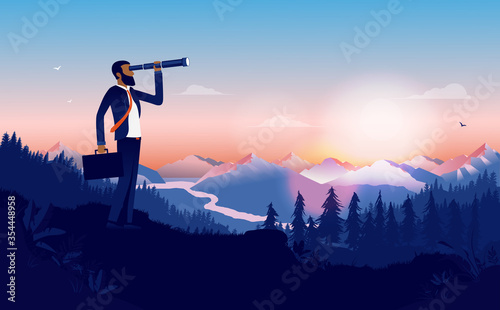 Ethnic businessman looking for opportunities - Man looking into binoculars in beautiful landscape looking for new business, recruiting and searching Poster Mural XXL