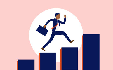 Wall Mural - Ethnic businessman running up a rising graph - Business goal, achievement and success concept. Vector illustration.