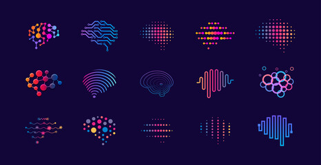 set of abstract dots and lines brain logotypes concept. logo for science innovation, machine learnin