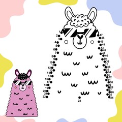 Wall Mural - Connect the dots and draw a cute llama in sunglasses. Number game for children. Activity page for kids. Vector illustration 