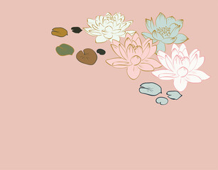 water lily lotus pink traditional card background vector illustration line art japanese chinese oriental design