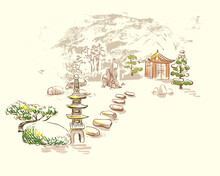 Stone Garden Card Nature Landscape View Landscape Card Vector Sketch Illustration Japanese Chinese Oriental Line Art