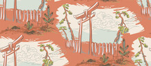 Temple Gate Japanese Chinese Design Sketch Ink Paint Style Seamless Pattern