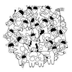 Wall Mural - Circle shape pattern with cute cows for coloring book