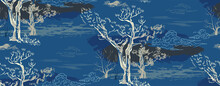 Tree Forest Japanese Chinese Design Sketch Ink Paint Style Seamless Pattern