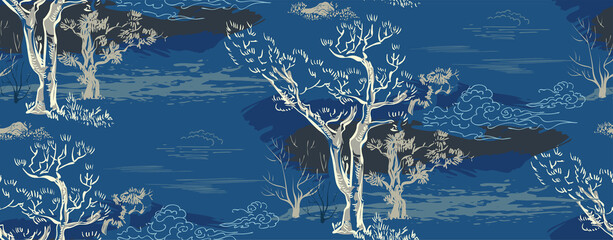 Wall Mural - tree forest japanese chinese design sketch ink paint style seamless pattern