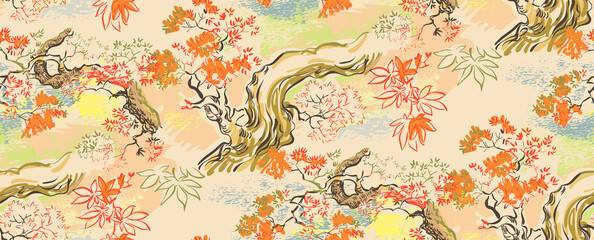 Wall Mural - maple japanese chinese design sketch ink paint style seamless pattern