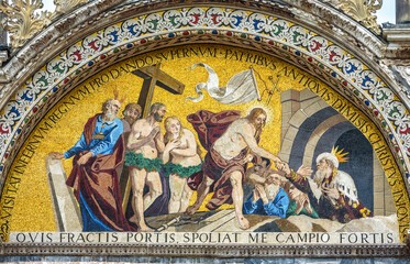 Sticker - St Mark`s Basilica close-up, Venice, Italy. It is top landmark in Venice. Beautiful luxury mosaic portal, image of Christ and Christian cross.