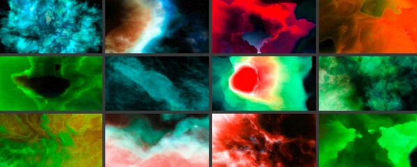 Wall Mural - Abstract colorful background with space. Great collage of space themes. Collage of works from planets and nebulae 3d render.