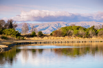 Wall Mural - Sunset views of Shoreline Lake, with trees reflected in the calm water surface; Diablo Mountain Range visible in the background; Mountain View, South San Francisco Bay Area, California