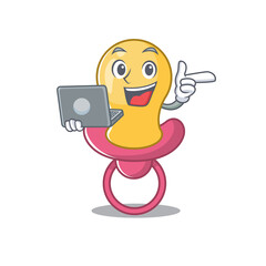 Poster - Smart cartoon character of baby pacifier studying at home with a laptop