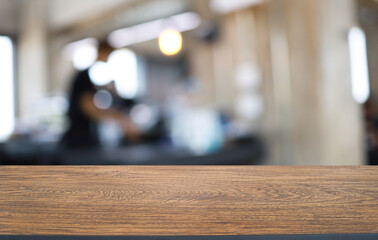 Wood Table Top in Blur Background room interior with empty copy space.