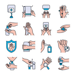 Sticker - towels and handwashing icon set, line and fill style