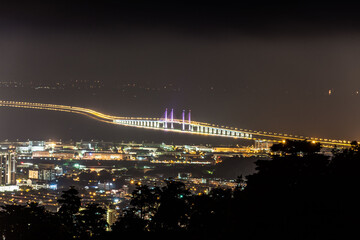 Wall Mural - Aerial view of 2nd Penang Bridge view during light up from Balik Pulau Hill