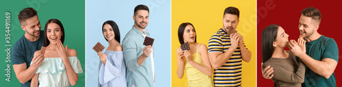 Fotografía Beautiful young couple with tasty chocolate on color background
