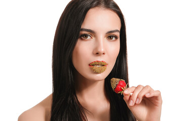 Wall Mural - Sexy young woman with strawberry on white background