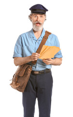 Poster - Surprised old postman on white background