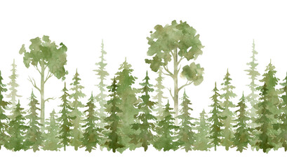 Watercolor seamless border with evergreen trees. Forest elements for landscape creator. Isolated spruce, oaks, pines, fir trees. Coniferous green forest