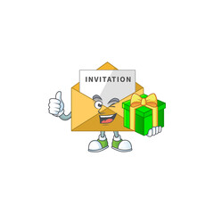 Sticker - Happy smiley invitation message cartoon mascot design with a gift box