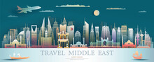 Middle East Landmarks Of Asia With Colorful Ancient And Modern.