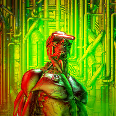 Wall Mural - memories of tomorrow / 3d illustration of male science fiction robot wearing futuristic glasses on a
