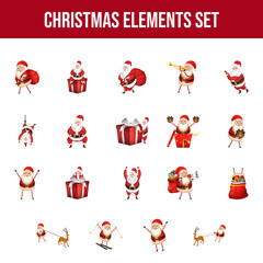 Sticker - Different Activity of Santa Claus Character with Gift Box and Reindeer on White Background.