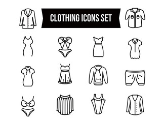 Wall Mural - Black line art Clothing icon Set on White Background.