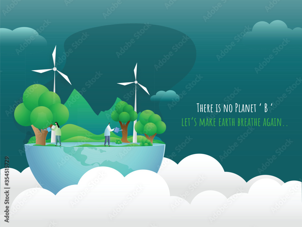 Cartoon Man and Woman Gardening on Glossy Half Earth Globe with Paper Cut Nature Landscape Background for Save Earth or World Environment Day Concept. - obrazy, fototapety, plakaty 