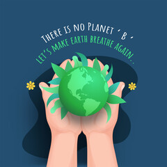 Sticker - Illustration of Hand Holding 3D Earth Globe with Green Leaves and Flowers on Blue Background