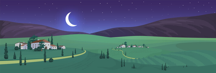 Poster - Night view of old Italian village flat color vector illustration