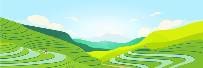 Poster - Terraced fields at sunset flat color vector illustration