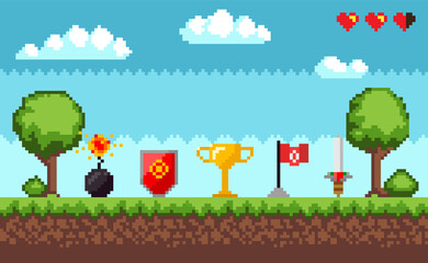 Sticker - Pixel game vector, scene with nature landscape and trees with grass. Gold coin and trophy, sword and pole with flag, bomb and shield health point