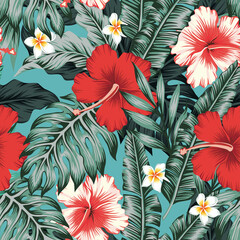 Wall Mural - Beautiful red and white exotic tropical flowers Hibiscus, plumeria, frangipani and green palm, banana, fern leaves seamless vector pattern on blue background. Beach summer trendy illustration.
