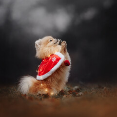 Wall Mural - pomeranian spitz dog begging outdoors in red christmas cape