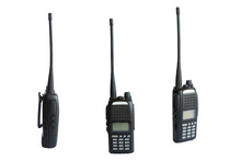 Black Radio Transceiver Or Walkie Talkie That Is A Portable Device Is Used For Communication In Most Of Military, Police, And Security.isolated On White Background. Clipping Path