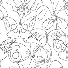 Canvas Print - Butterfly line art seamless pattern. Flying butterflies on simple background