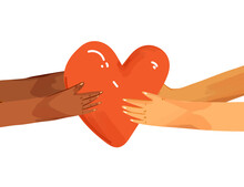Vector Flat Illustration Of Diverse People Sharing Love, Support, Appreciation To Each Other. Hands Giving Heart, And Hands Taking Heart As A Sign Of Connection And Unity. Love Concept Isolated