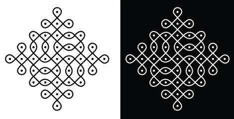 Canvas Print - Indian Traditional and Cultural Rangoli or kolam design concept of curved lines and dots isolated on black and white background