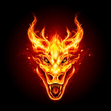 Legendary Fire Dragon Head On The Dark Background. Traditional Chinese Dragon. Fire Creature Logo For Your Product