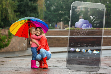 Wall Mural - happy people under rain outdoors and smartphone with open weather forecast app